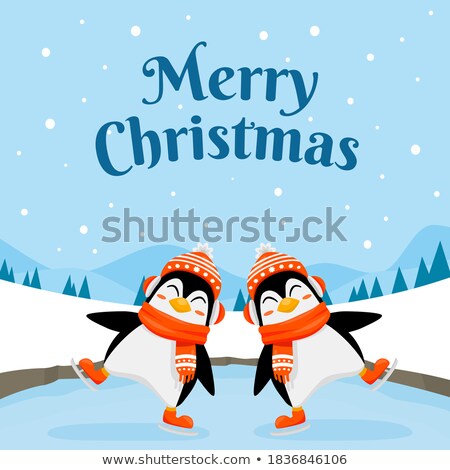 Foto stock: Doodle Christmas Card With Dressed Penguin