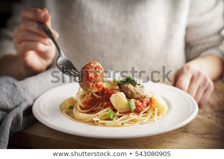 Foto stock: Omida · italiana · - · mujer · sana · comer · salsa · de · espagueti