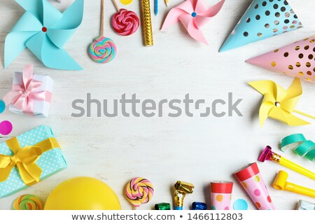 Foto stock: Birthday Party Items On White Wooden Background Top View