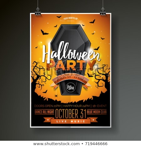 Zdjęcia stock: Halloween Party Flyer Vector Illustration With Black Coffin And Zombie Hand On Orange Moon Sky Backg