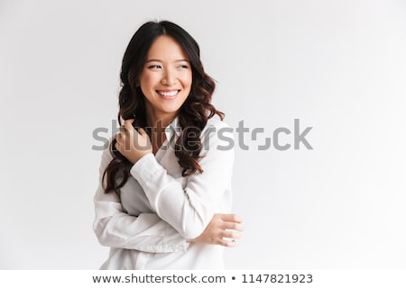 Foto stock: Portrait Of Gorgeous Asian Woman With Long Dark Hair Laughing At