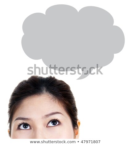 Foto stock: Close Up Of Young Woman Looking Up For Thought Bubble Above Her