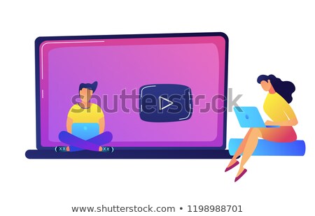 Сток-фото: Female Student Watching Online Conference With Pie Chart On A Big Laptop Vector Illustration