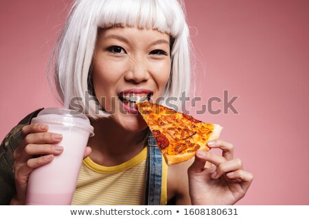 Сток-фото: Image Of Asian Girl In White Wig Drinking Milkshake And Eating P