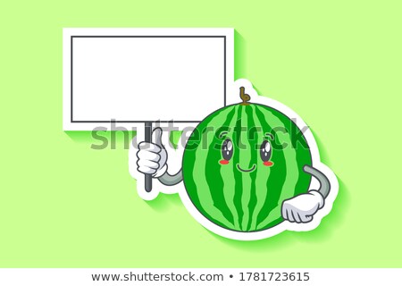 Сток-фото: Smiling Green Watermelon Fruit Cartoon Mascot Character Holding A Banner With Text Fresh Juice