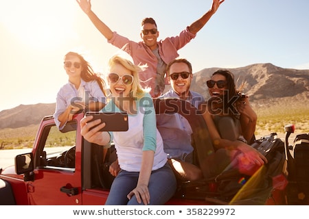 Сток-фото: Couple Of Travelers Taking Selfie By Smartphone