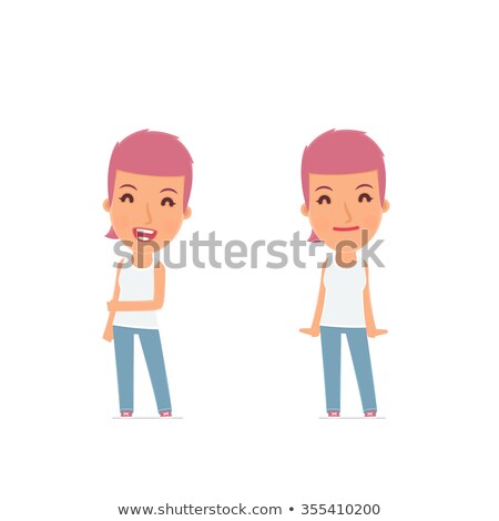 Foto stock: Funny Character Blogger Girl In Confident And Shy Poses