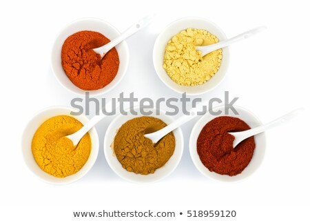 Stockfoto: Porcelain Bowls With Various Herbal Spices On White Background