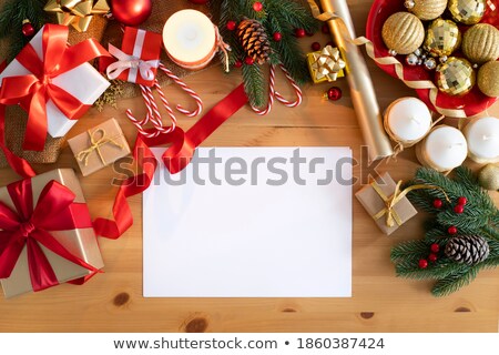 Zdjęcia stock: Baubles With Ornaments On Wooden Desk