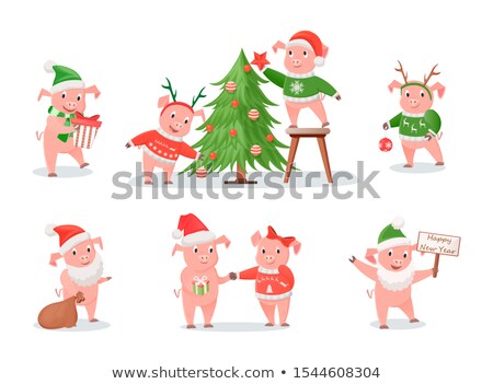 [[stock_photo]]: New Year 2019 Piglets In Hats And Sweaters Set