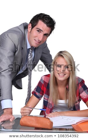 Foto stock: A Professor And His Pupil Both Smiling At Us