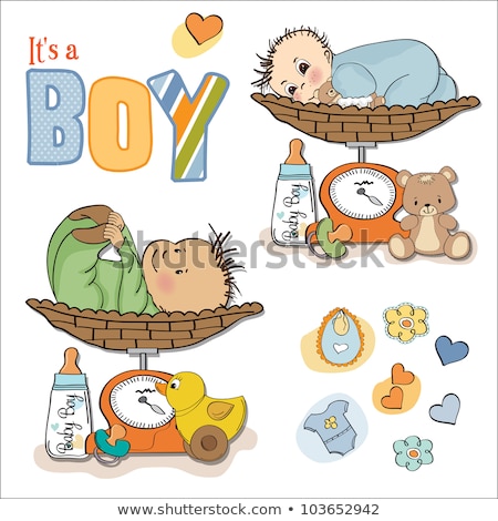 Stockfoto: Baby Girl On On Weighing Scale Items Set On White Background