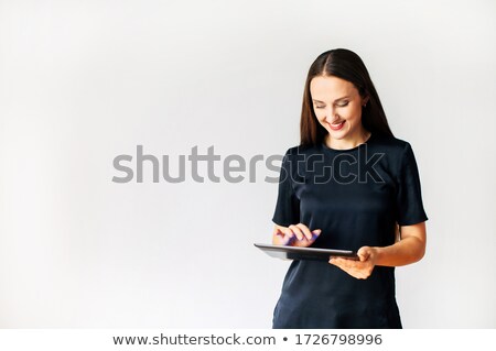 Stok fotoğraf: Smiling Woman Wearing Blank Black Shirt