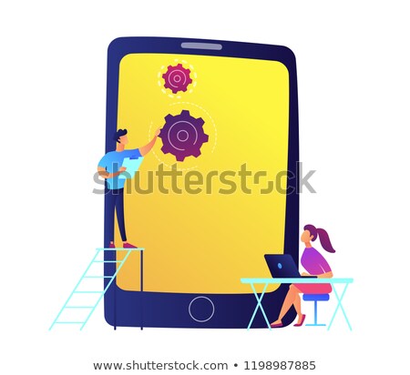 Foto stock: Developers And Huge Mobile Phone With Gears Vector Illustration