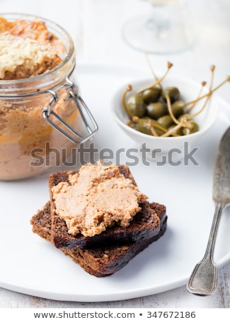 Stok fotoğraf: Baked Meat Pate In Jar And On Bread Gourmet Food