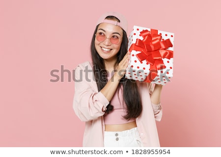 Stock fotó: Portrait Of A Happy Young Asian Woman Isolated Background Standing Showing Blank Screen Laptop