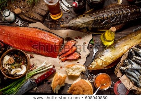 Stock photo: Smoked Fish And Beer On Wooden Background