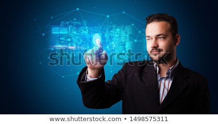 Stockfoto: Man Touching Cloud System Hologram