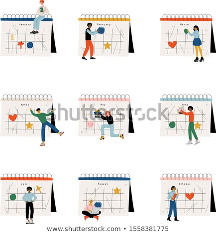 Foto stock: Businessman And Businesswoman Standing Near Business Schedule With Magnifying Glass And Pencil Vecto