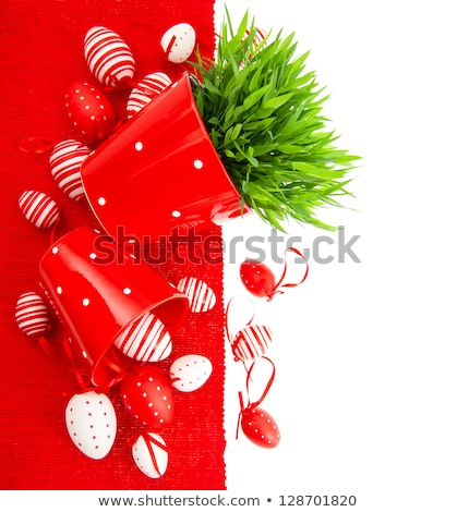 Stockfoto: Composition Of White Traditional Dotted Easter Eggs In White Ceramic Plate