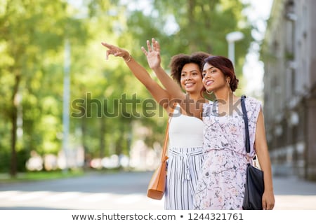 Zdjęcia stock: Two Women Or Female Friends Catching Taxi At City