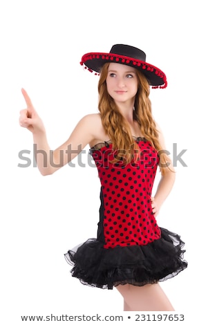 Zdjęcia stock: Young Redhead Girl In Polka Dot Dress And Sombrero Isolated On