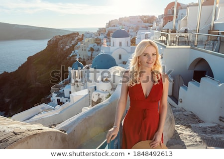 Stock fotó: Beautiful Blond Girl On Santorini Island Greece