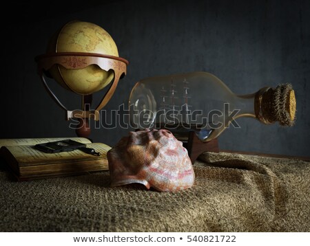 Seashell In Interior Scene With Globe And Ship In The Bottle Concept Photo Foto stock © denisgo