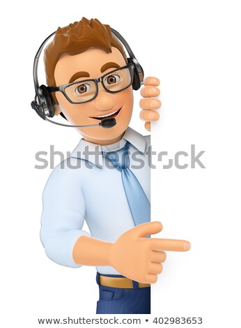 Stock photo: 3d Call Center Operator With Headphones Pointing Aside
