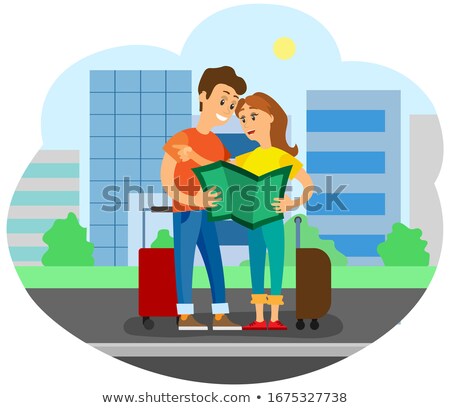 Foto stock: Adventure Of Woman And Man Couple With Map Atlas