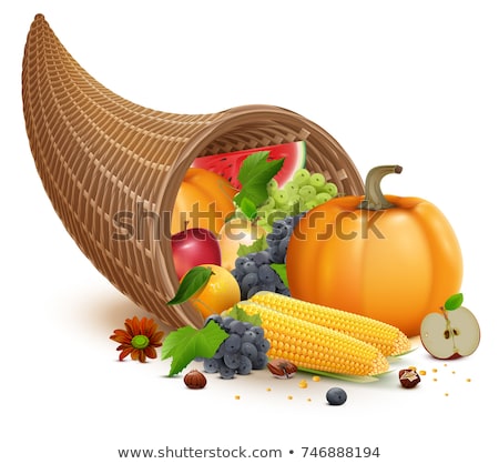 Stockfoto: Full Cornucopia For Thanksgiving Feast Day Rich Harvest Of Pumpkin Apple Corn Grapes Watermelon