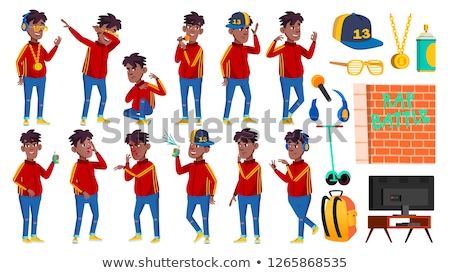 [[stock_photo]]: Rap Bottle Singer Boy Schoolboy Poses Set Vector Black Afro American Child Pupil Active Joy Le