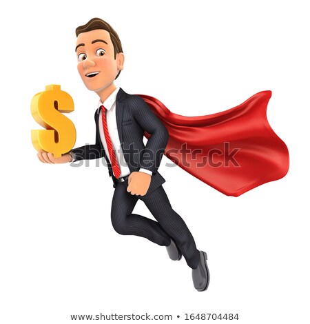 Stockfoto: 3d Businessman Flying And Holding Gold Dollar Sign