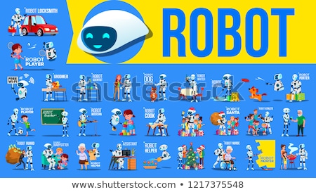 Foto stock: Robot Helper Set Vector Future Lifestyle Situations Working Communicating Together Cyborg Ai Fu