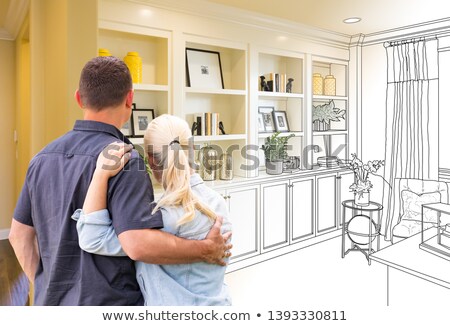 Stock fotó: Couple Facing Book Shelf Built In Drawing Gradating To Photo