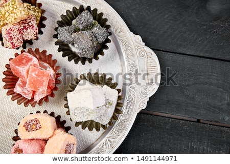 Foto d'archivio: Set Of Various Turkish Delight In Bowl On Metal Tray