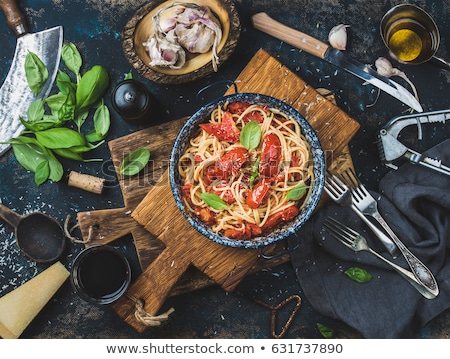 Stok fotoğraf: Ingredients Italian Pasta - Spaghetti Tomatoes Basil Cheese On Beige Board With Empty Copy Space