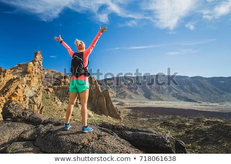 Сток-фото: Hiking Woman Celebrating Inspirational Mountains Landscape