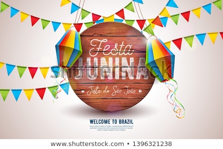 Foto stock: Festa Junina Illustration With Party Flags And Paper Lantern On Vintage Wood Background Vector Braz