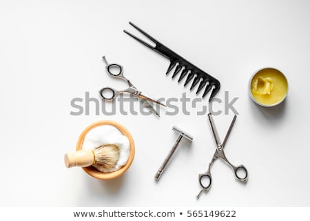 Foto stock: Mens Hairdressing Desktop With Tools For Shaving