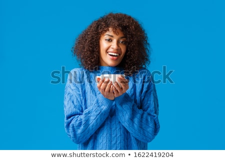 Foto stock: Happy Woman With Cup Of Tea Or Coffee On Christmas