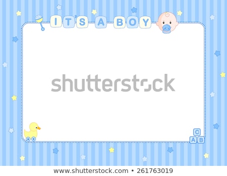 [[stock_photo]]: Baby Boy Announcement Card With Baby And Pram