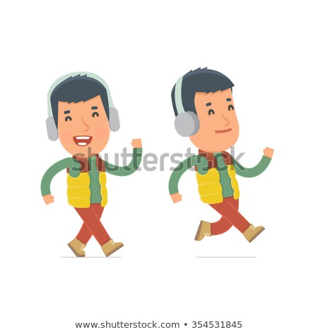 Foto stock: Happy And Cheerful Character Winter Citizen Goes And Runs