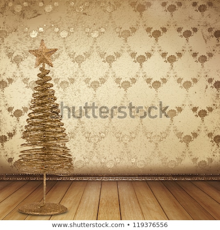 Stockfoto: Christmas Golden Spruce In The Old Room Decorated With Wallpape