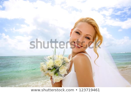 Сток-фото: Happy Smiling Bride With Bouquet Of Flowers Outdoors Portrait