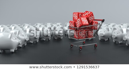 Foto stock: Piggy Banks Shopping Cart Red Percent Cubes