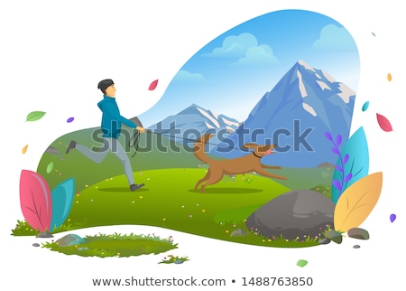 Stockfoto: Mountains Landscape Guy Running With Dog On Leash