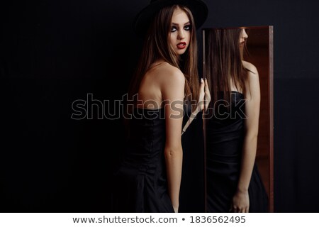 Stock fotó: Blond Woman Wearing Black Costume And Halloween Makeup Holding M