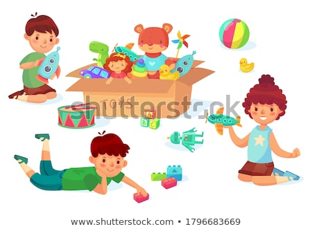 Stockfoto: Cartoon Boy And Girl Playing With Car And Blocks