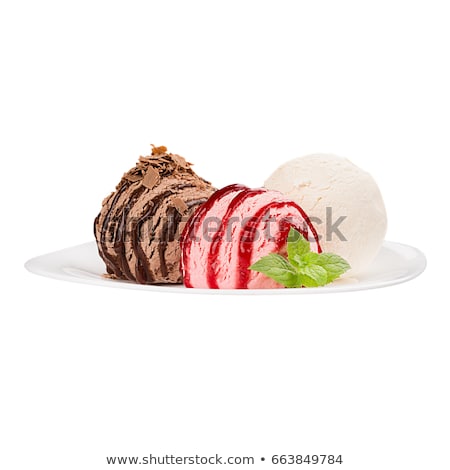 Stockfoto: Ice Cream Scoops - White Pink Brown - Group On Plate Decorated Strips Sauce Mint Leaves Isolat